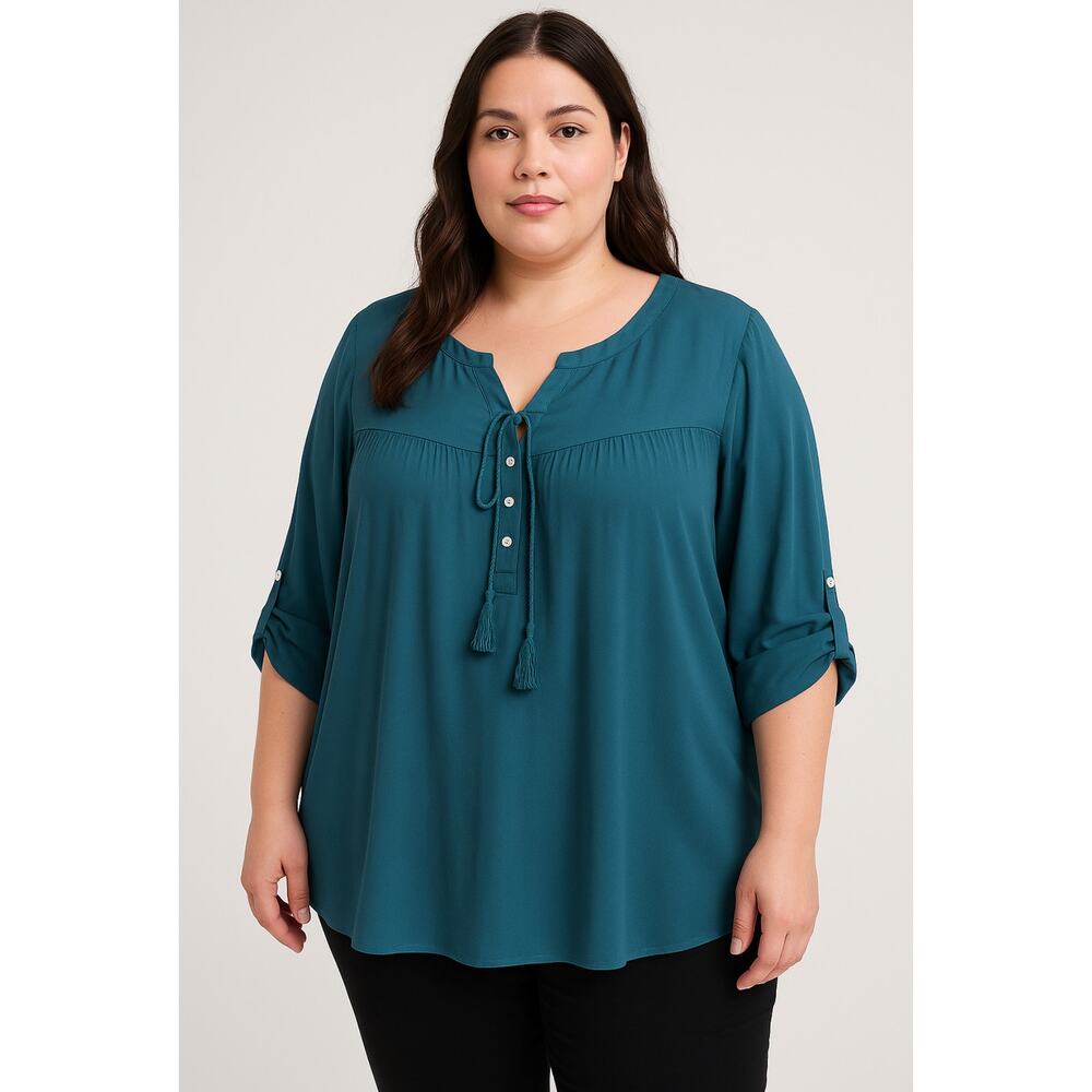 DR2 Teal‎ Peasant Blouse Women’s Size 3X Boho Tassel Tie Long Sleeve Top